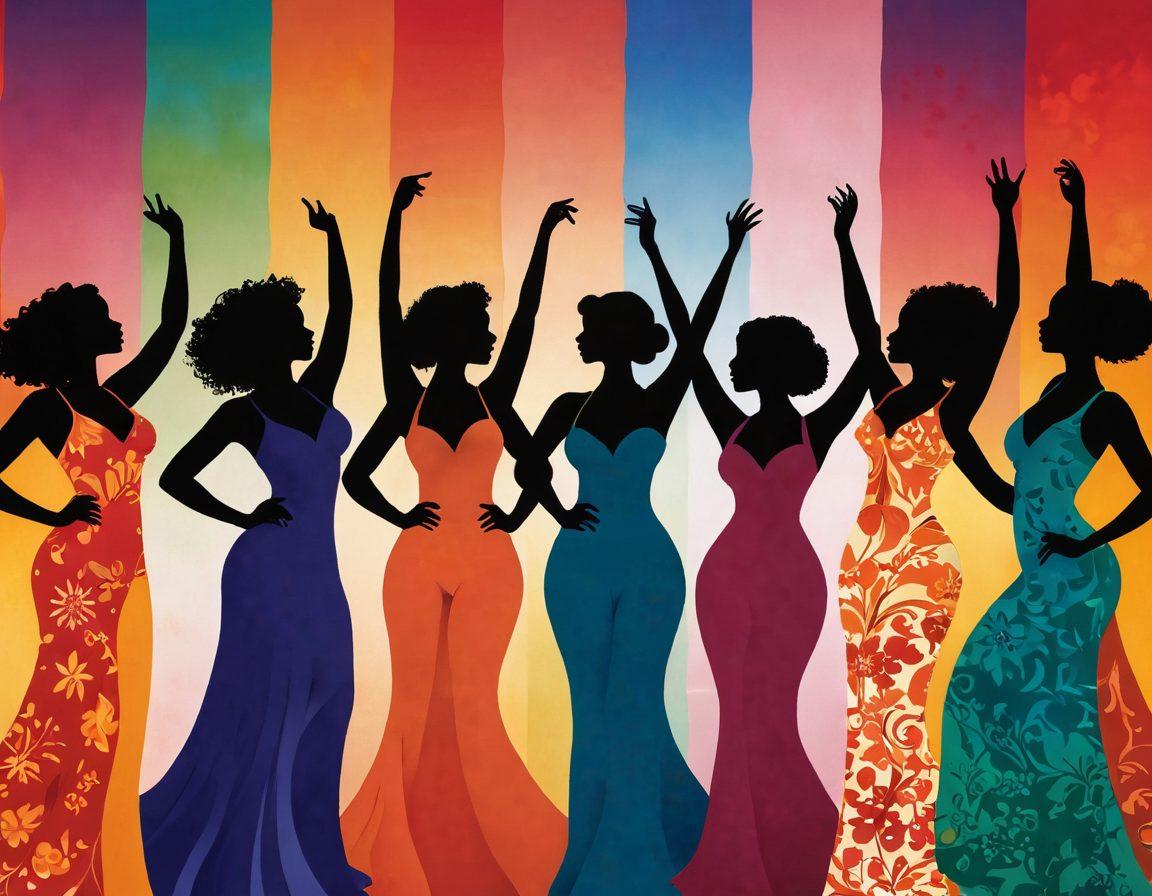 A close-up of diverse women's silhouettes celebrating their bodies against a backdrop of bright, flowing colors symbolizing freedom and love. Each silhouette showcases varying breast sizes and shapes, adorned with floral patterns representing individuality. A warm, inviting ambiance conveys empowerment and positivity, inviting viewers to embrace their uniqueness. super-realistic. vibrant colors. warm background.