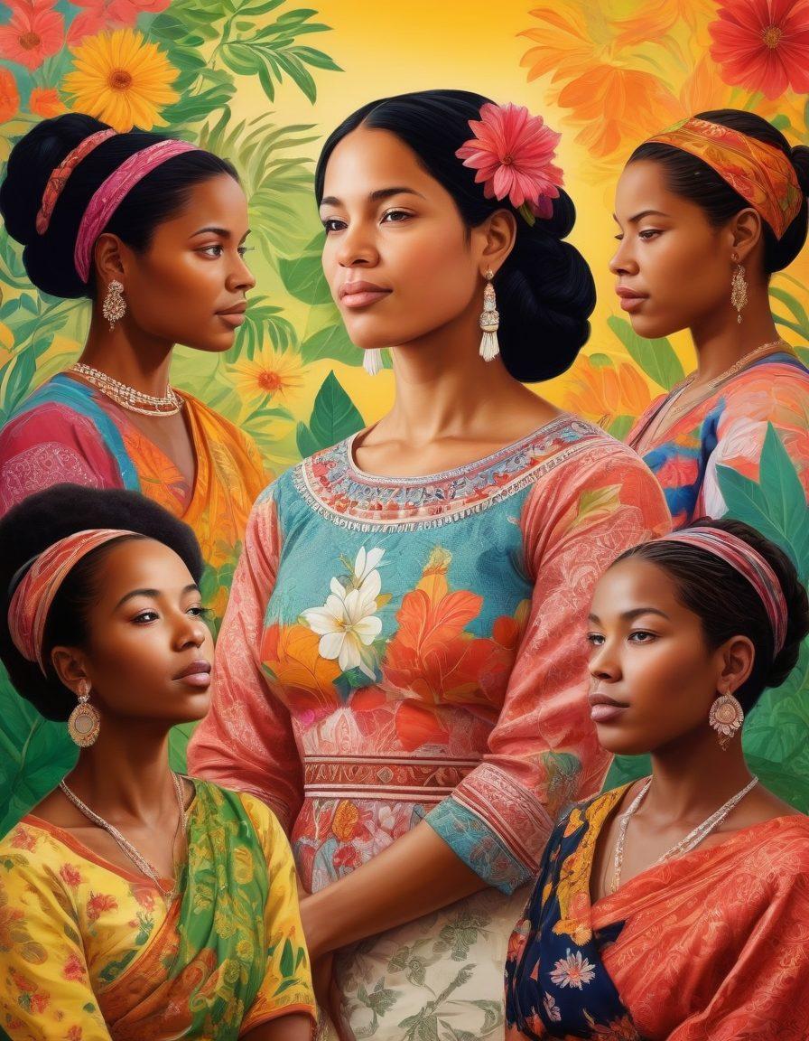 A vibrant and respectful representation of diverse Bassoro women engaging in a warm, candid discussion about female anatomy. The background features traditional Bassoro patterns and elements of nature, symbolizing community and connection. Each woman exudes confidence and openness, exchanging knowledge and experiences. Incorporate symbolic elements like blooming flowers to represent growth and understanding. Colorful, culturally inspired, super-realistic.