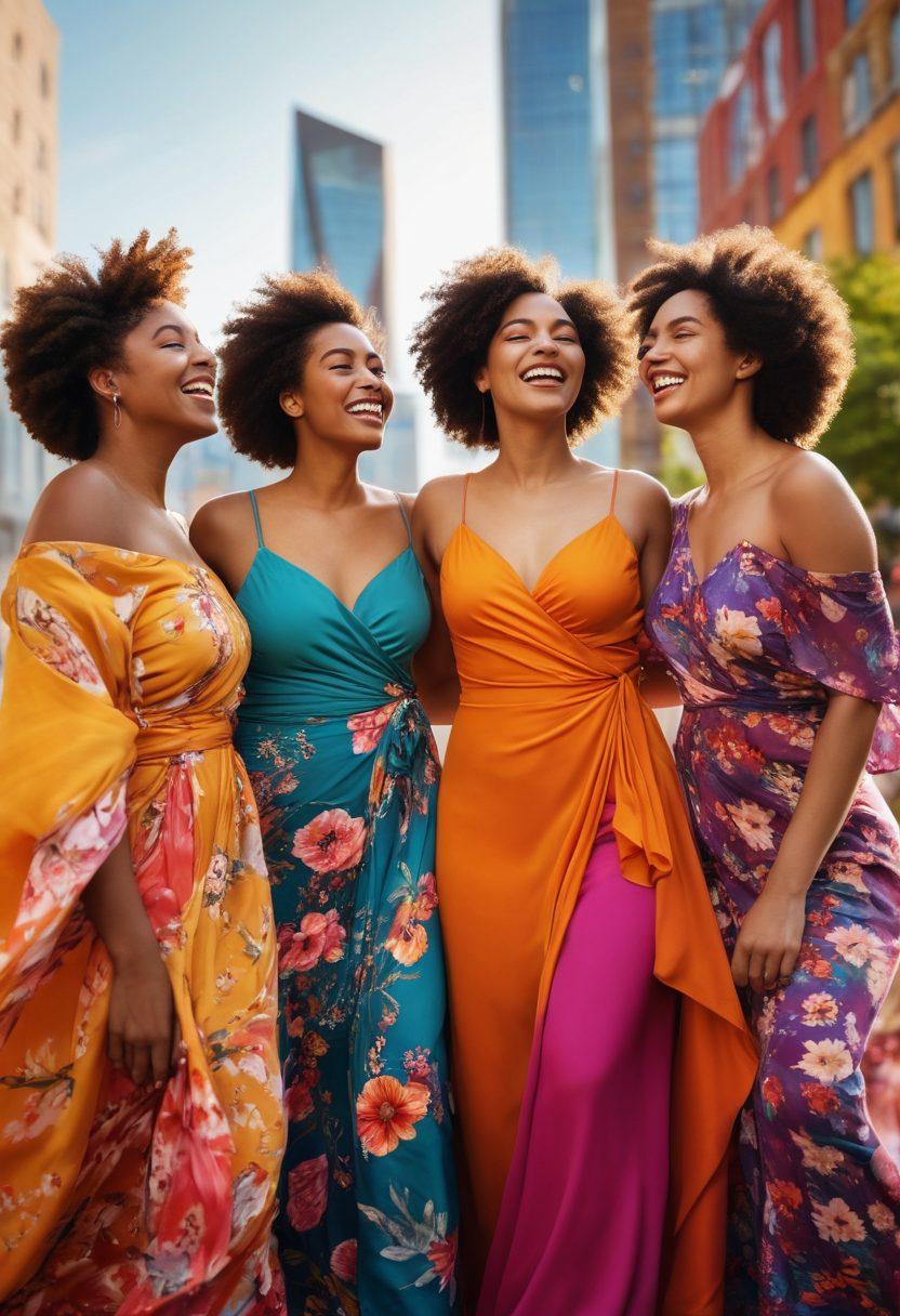 A diverse group of confident women of various body types joyfully celebrating together in an outdoor setting, wrapped in flowing colorful fabrics that symbolize intimacy and acceptance. Include elements of nature, such as blossoming flowers and soft sunlight, to evoke a sense of warmth and community. The background should include hints of a vibrant city skyline, symbolizing modernity and progress. super-realistic. vibrant colors. outdoor atmosphere.